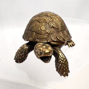 Brass Vintage Turtle Trinket Box Removable Shell Lid Marked NF 2.5" Figurine